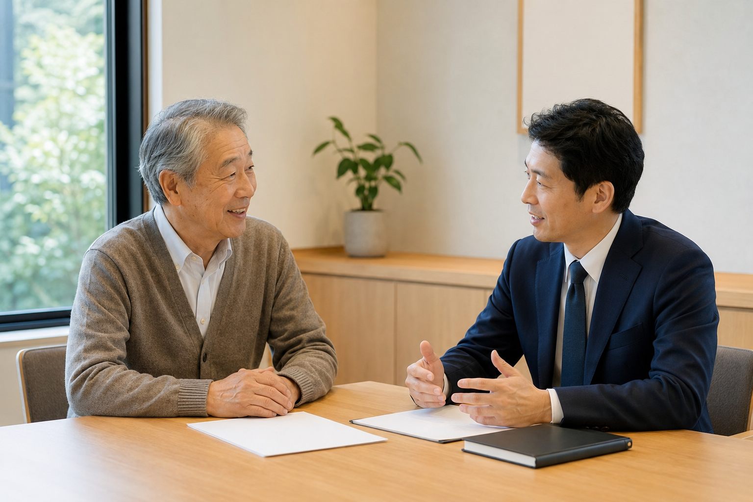 薬局オーナーとコンサルタントが落ち着いた雰囲気で面談しているイメージ